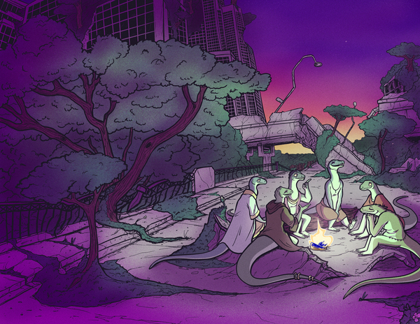 The cover image of snake people telling stories around a fire. A gorgeous purple sunset lights a decaying city filled with beautiful trees and plants.